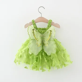 Mergaičių suknelė 2024 Nauja vaikiška drugelio sparnai Princesės suknelė Suknelė Kūdikio diržas Saldi laisvalaikio suknelė Vasaros vaikų drabužiai