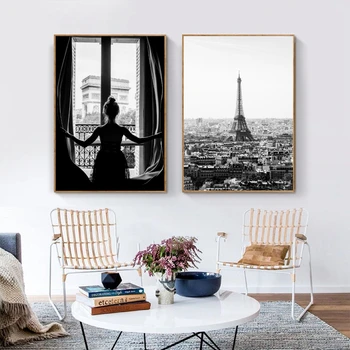 Mergina langų spaudoje Nespalvota fotografija Plakato atspaudai Skandinavijos namų siena yDecor Paryžiaus meno paveikslas Drobė Tapyba