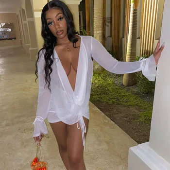 Mesh See Through Two Piece Set 2023 Summer Solid Color Deep V-neck Long Sleeve Tops Shirring Mini Sijonas Party Clubwear
