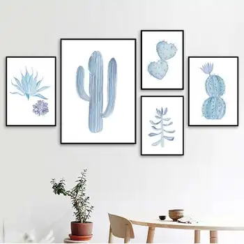 Minimalistinis mėlynas augalas Kaktusas Meninis drobės tapyba Spausdinti Plakatas Sienų menas Paveikslėliai Svetainei Namų deco