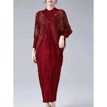 Miyake Plisuotas pavasario ruduo Naujos moterys Elegantiška vakarinė vakarinė suknelė Batwing rankovės Susiliejimas Vintage Design Prom suknelės