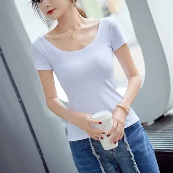 moteriški marškinėliai gryna medvilnė balti U kaklo marškinėliai trumpomis rankovėmis moteriški vasariški liekni tinka seksualūs marškiniai žemu kaklu viršus be nugaros