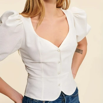 Moterys Balti marškinėliai V formos kaklu pūstomis rankovėmis 2023 m. Naujas pavasario ir vasaros stilius