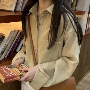 Moterys Harajuku Vintažiniai marškiniai Ruduo Korėjietiška tvirta laisva palaidinė ilgomis rankovėmis Paprasto dizaino atvartas Koledžo studentas Saldūs laisvalaikio viršugalviai