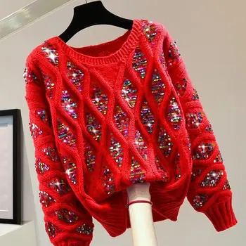 Moterys Kalėdos patikrintos Užsikabinęs karoliukų megztinis Ruduo Žieminiai deimantai Nerti blizgučiai Pledai Megztiniai Džemperiai Megztiniai Džemperiai Topai