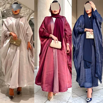 Moterys musulmonės suknelė Kimono Khimar Hijab Arabų mada Dubajus Musulmonų ryškus šilkas Šikšnosparnio rankovės Chalatas Artimųjų Rytų Abija moterims