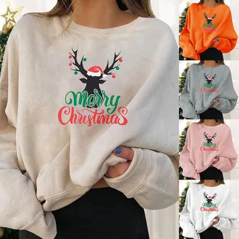 Moterų kalėdiniai šventiniai megztiniai Smagūs grafiniai spaudiniai Ekipažo kaklas džemperiai ilgomis rankovėmis Nelaimingi Top Moteriški gobtuvai