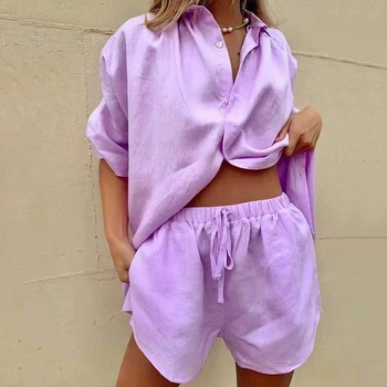 Moterų laisvalaikio kostiumas ilgomis rankovėmis Violetinis kostiumas Laisvi oversized marškinių viršus ir mini šortai Dviejų dalių rinkinys Moteriškas sportinis kostiumas Vasaros apranga 2023