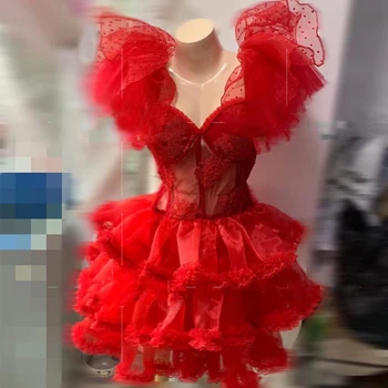 Moterų vakarėlių suknelės Scenos festivalio apranga Raudona pūstomis nėrinių rankovėmis Tutu suknelė Moteris Dainininkė Gogo drabužiai Prom Clubwear XS6286