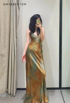 Moterų vasara 2023 Temperamentas Atspausdinta seksuali Maxi suknelė be nugaros ilgi spagečių dirželiai V kaklo lieknėjimo vakarėlio suknelė