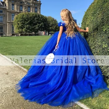 Mėlyna gėlių mergaitės suknelė vestuvėms princesė Pageant suknelės Ilgas kamuolinis chalatas Gimtadienio vakarėlis Prom chalatai Vestidos Para Niñas