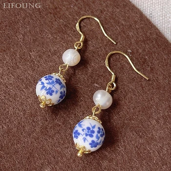 Mėlynai Baltas Porcelianas Netaisyklingi natūralūs perlų auskarai moterims Mielas lašas Metalas Papuošalai Vakarėlių aksesuarai Merginos dovanos 2022262