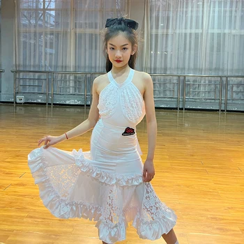 Nacionaliniai standartiniai šokių kostiumai mergaitėms Baltos viršūnės Nėriniuoti sijonai Tinka Lotynų šokio spektaklio suknelė Šiuolaikinio šokio apranga DN15344