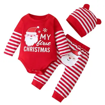 Naujagimio kalėdinė apranga Berniukas 3PCS Medvilninė mažylio pižama ilgomis rankovėmis Raudona ir balta dryžuota žieminė apranga Komplektas šiltas ir jaukus