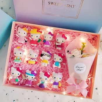 naujas anime Hello Kitty mini Kawaii modelis gimtadienio dovanų dėžutės rinkinys su apšvietimo šventinėmis kortelėmis Dovanų mergaitės gimtadienio dovanų modelis Žaislas