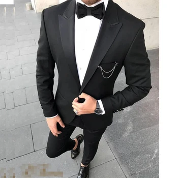 Nauji 2 vnt Juodas vyriškas kostiumas Slim Fit Peak Lapel One Button Groom Tuxedos Siuvėjas Suit Blazer Striukės Kelnės Terno