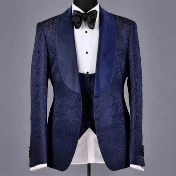 Navy Blue Gėlių kostiumas Homme Vyriškas kostiumas Jaunikis Smokingas Vestuvės Prom 3 vnt Slim Fit Vyriškas švarkas Terno Masculino Striukė+Liemenė+Kelnės