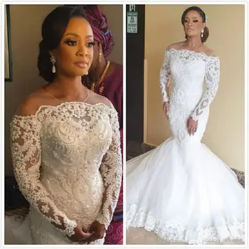 New Arrival African Mermaid Wedding Dresses 2020 chalatas de mariee vestuviniai chalatai ilgomis rankovėmis Aplikacijos nėriniai Rankų darbo nuotakos suknelė