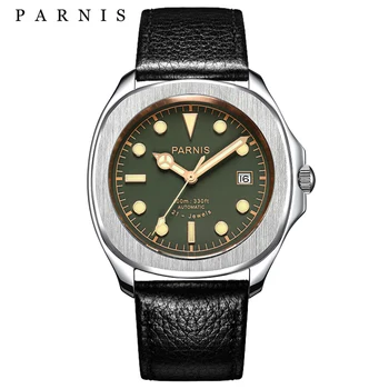 New Fashion Parnis 40mm Green Dial Automatinis mechaninis vyriškas laikrodis Odinis kalendorius Safyro krištolo vyriški laikrodžiai reloj hombre