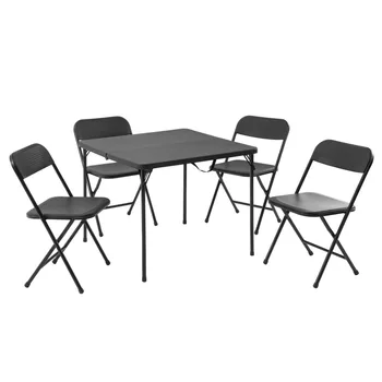 Nešiojamas sulankstomas 5 dalių dervos kortų stalas ir keturių kėdžių komplektas, juodi sodo baldų komplektai lauko baldai