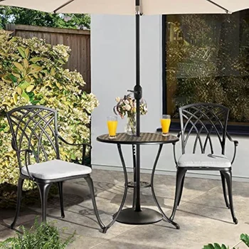 Nuu Garden 3 dalių bistro stalo komplektas Lietinio aliuminio lauko terasos baldai su skėčio skylute ir pilkomis pagalvėlėmis terasai