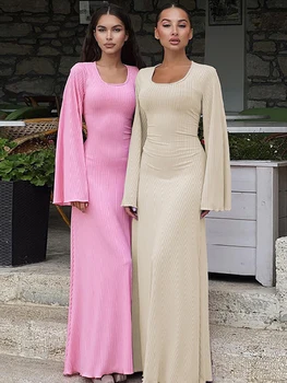 Nėriniuotos suknelės 2023 Fashion Lady Party Evening Vestido New Casual Solid Women Flare Sleeve Long Dress Elegant Female O-neck