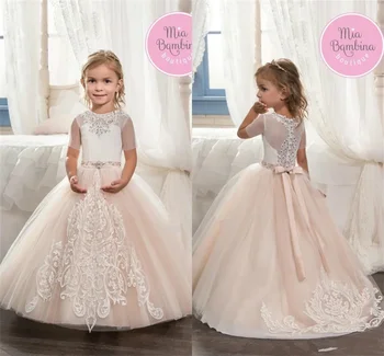 Nėrinių tiulio gėlių mergaičių suknelės Aplikacijos Princesės vaiko vestuvių gimtadienio suknelė Trumpomis rankovėmis Pageant Ball Prom chalatai