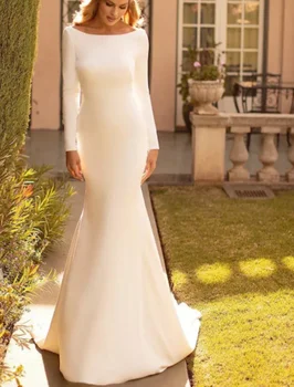 Othray O-Neck Nuotakos suknelė Paprasta balta ilgomis rankovėmis Vestido de Novia 2023 Sweep Train Elegantiška undinės vestuvinė suknelė Satin Cowl