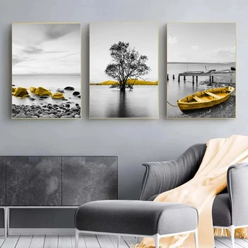 Pajūrio peizažas Drobė Tapyba Žvejybinis laivas Jūros peizažas Geltoni plakatai ir atspaudai Sienų meno paveikslėliai Svetainės dekoras Cuadros