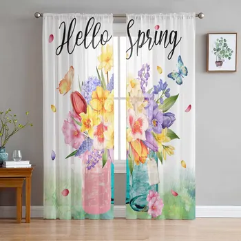 Pavasario akvarelė Gėlių drugelis Tiulis Užuolaidos svetainei Vien užuolaidos miegamajam Virtuvės žaliuzės Voile užuolaidos
