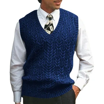 Pavasario rudens megztas vyriškas megztinis Liemenė Laisvalaikio megztiniai be rankovių Vyriški kabeliai V formos kaklo megztinis Vienspalvis laisvalaikio megztinis