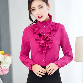 Pavasario ruduo Naujas stovas Apykaklė Raukinys ilgomis rankovėmis Palaidinė Moteriški korėjietiški profesionalūs apatiniai marškiniai Vienspalviai šifono marškiniai