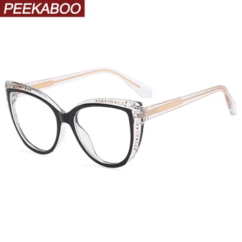 Peekaboo TR90 katės akių akinių rėmelis moterims skaidrus lęšis rhinestones mėlynos šviesos akiniai moteriškas acetatas aukštos kokybės apdaila
