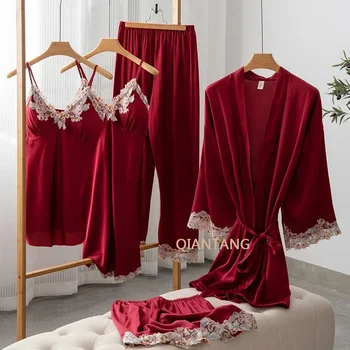 Penkių dalių pižamų komplektas Vasariniai moteriški satino miego drabužiai Kimono chalatas Naktiniai marškiniai Pavasario ponios nėriniai Naktinis chalatas Chalatas Namų apranga