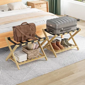Pilnai surinktas bagažo stovas iš 2, patobulintas bambuko sulankstomas lagaminų stovas su 5 nailono dirželiais, lentyna, gamta