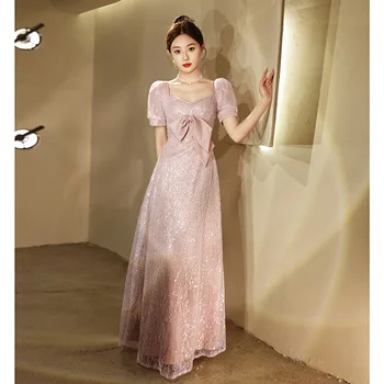 Pink Sequins Kokteilinė suknelė Moteriškos V-Neck Bubble Sleeve Bow vakarinė suknelė Elegantiška klasikinė grindų ilgio A-line Prom suknelės