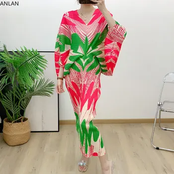 Plisuota suknelė moterims 2024 Nauja dizainerė Atspausdintos V formos kaklo batwing rankovės Kontrastinės spalvos suknelės Laisvi moteriški drabužiai Vasara