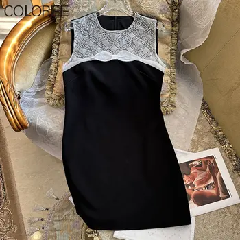 Prabangūs dizainerių vasaros drabužiai moterims 2023 Korėjos mada Elegantiškas lankas karoliukai A-line mini suknelė Juoda Vestidos Para Mujer