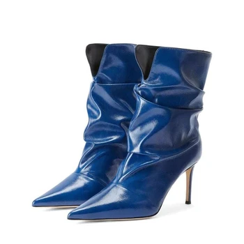 Prekės ženklo dydis 33-46 Black Cowhide Tinginess Short Boots 2023 Nauji krištoliniai/storas lankas/strappy kulnas Smailūs rudens žieminiai moteriški batai