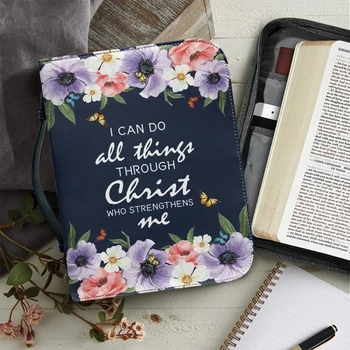 Pretty Floral Corss 3D Design Moteriškas Biblijos viršelio dėklas PU odiniai krikščioniški krepšiai moteriškoms kasdienėms rankenoms Šventosios studijų knygų dėžutės