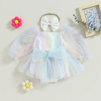 Princess naujagimių mergaičių rompers suknelė Galvos apdangalų apranga Mažylių kūdikių mergaičių vaivorykštės spalvos tinklelis kombinezonai ilgomis rankovėmis Suknelė