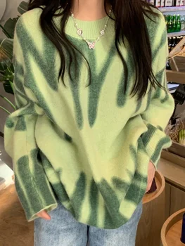 Print Megztas megztinis Elegantiškas žaliai dryžuotas oversized megztiniai Moterys Žieminiai laisvi ilgi megztiniai Gatvės drabužiai Sueter Mujer