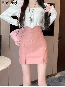 PU Rudens mini rožinis odinis sijonas Moterys Netaisyklingas aukštas juosmuo plonas Bodycon Fashion Ladies Sijonai Korėjietiško stiliaus A-Line moteriškas sijonas