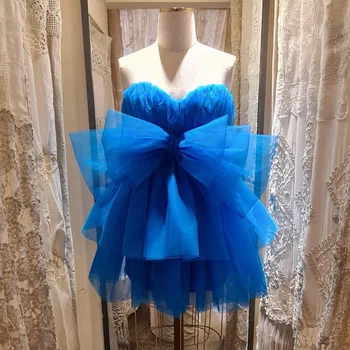 Puffy Royal Blue Short Tiulio vakarėlio suknelė A Line Mini Ruffled Moteriškos suknelės Vasarinė Spetelis be petnešėlių Mielaširdinga Peteliškė Gimtadienio suknelė