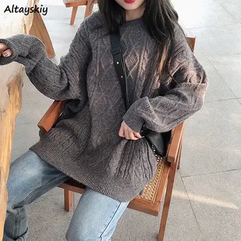 Pullovers Moterys Vidutinio ilgio ruduo Korėjietiškas stilius Laisvi storesni susukti megztiniai Paprasti retro laisvalaikio viršūnės Šiltas Kietas O-kaklas