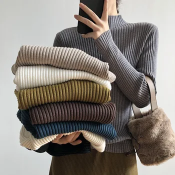Pusiau aukšta apykakle megztiniai moterims Ruduo žiema Korėjietiško stiliaus liekni prigludę megztiniai Vidiniai šilti visų rungtynių megzti apatiniai marškinėliai