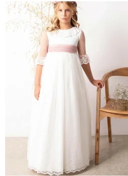Pusė rankovės Baltos nėrinių gėlėtos merginos suknelės Peteliškės varčios Tiulio aplikacijos Ilgas vaikas Vestuvių vakarėlis Gimtadienio suknelė Pirmosios komunijos suknelė