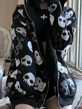 QWEEK Gotikiniai Harajuku Punk Skull Hoodies Women Mall Goth Tops Streetwear Juodi džemperiai ilgomis rankovėmis Užtrauktuku su gobtuvu 2023 Ruduo