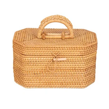 Rankų darbo rotango daiktadėžė su rankena Arbata Maisto konteineris Pikniko duona Vaisių krepšelis Ornamentinė dėžutė Virtuvės organizatorius