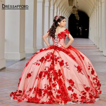 Raudona nuo peties Quinceanera suknelės 2023 Tiulio suvarstomos aplikacijos Kamuolinė suknelė Gimtadienio šventės suknelė Vestidos de 15 Años